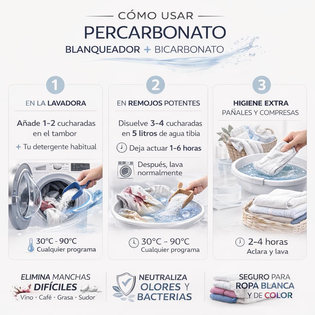 Percarbonato Blanqueador Diranzo Pack 6 unidades 750g x 6. Total 4,5 Kg, Quitamanchas, Blanqueante, Elimina Olores y Grasa. Apto Ropa blanca y Color. Elimina manchas difíciles