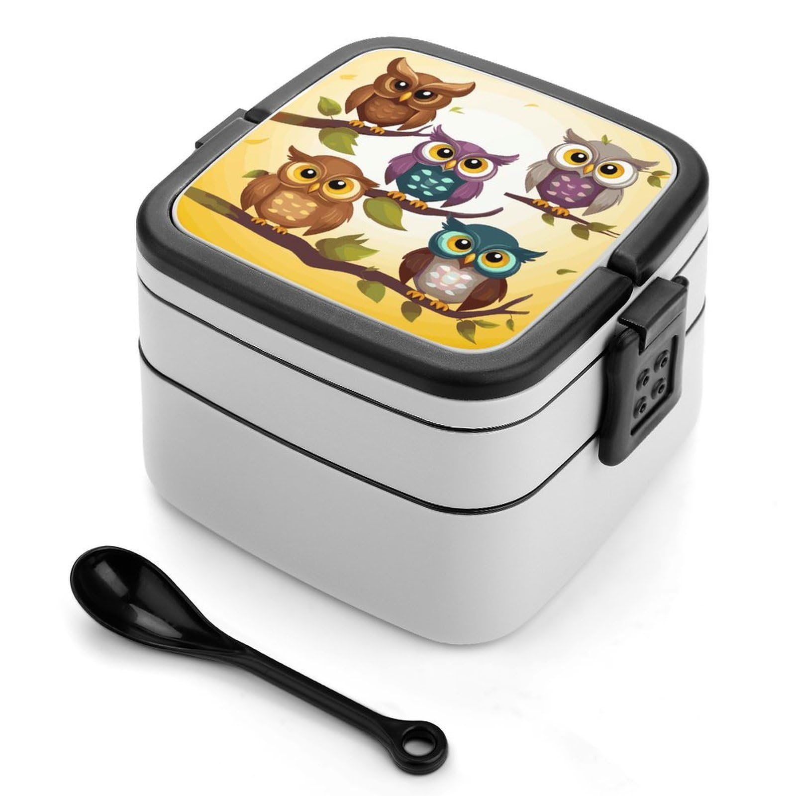 FekiLoot Owls Birds Bento Box Adult Lunch Box Sealed Bento Lunch Boxes with Spoon Sturdy Double Layer Bento Boxes Snap-on Design Leak Proof Lunch Containers Ideal for Work