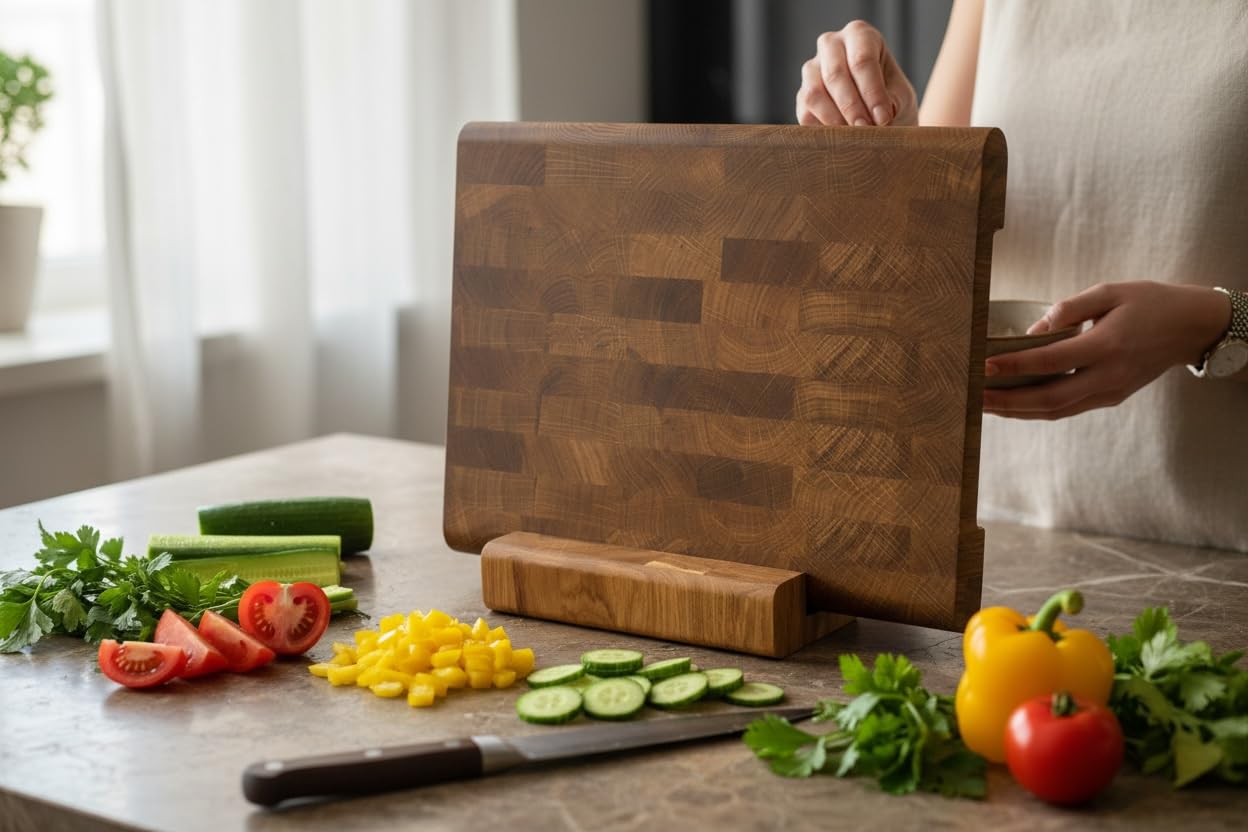 B4K Tagliere in legno di quercia, 40 × 30 cm, massello di legno di cervello con supporto, antibatterico, con manici, scanalatura e piedini in silicone, perfetto per cucina, carne e barbecue