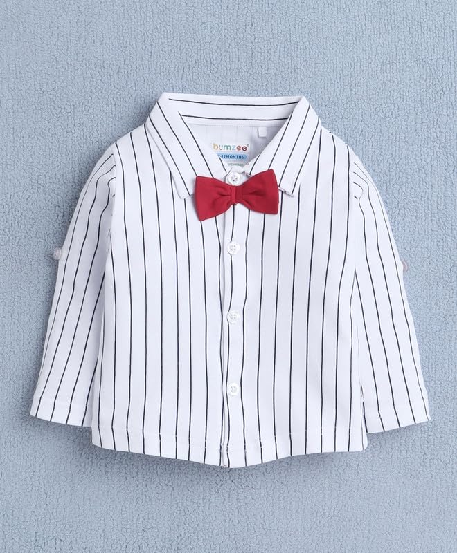 Image of BUMZEE Boys Regular Fit Full Sleeves Collar Neck Cotton Shirt Waistcoat & Short Set With Applique Bow