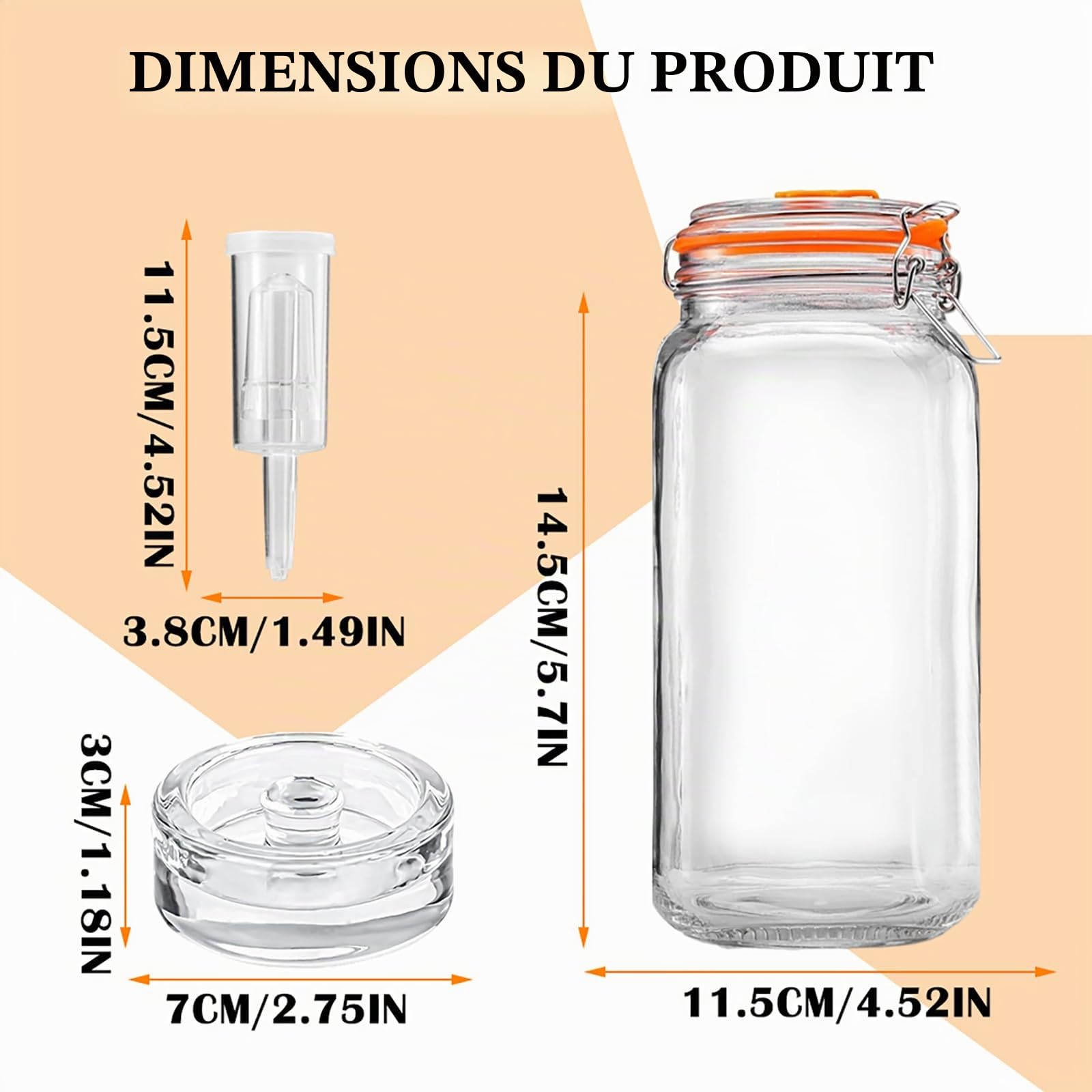 Lot de 2 bocaux de fermentation de 2 l/64 oz, avec valve de fermentation, large bouche, verre de fermentation avec poids, kit de fermentation pour kimchi, choucroute, kéfir, légumes