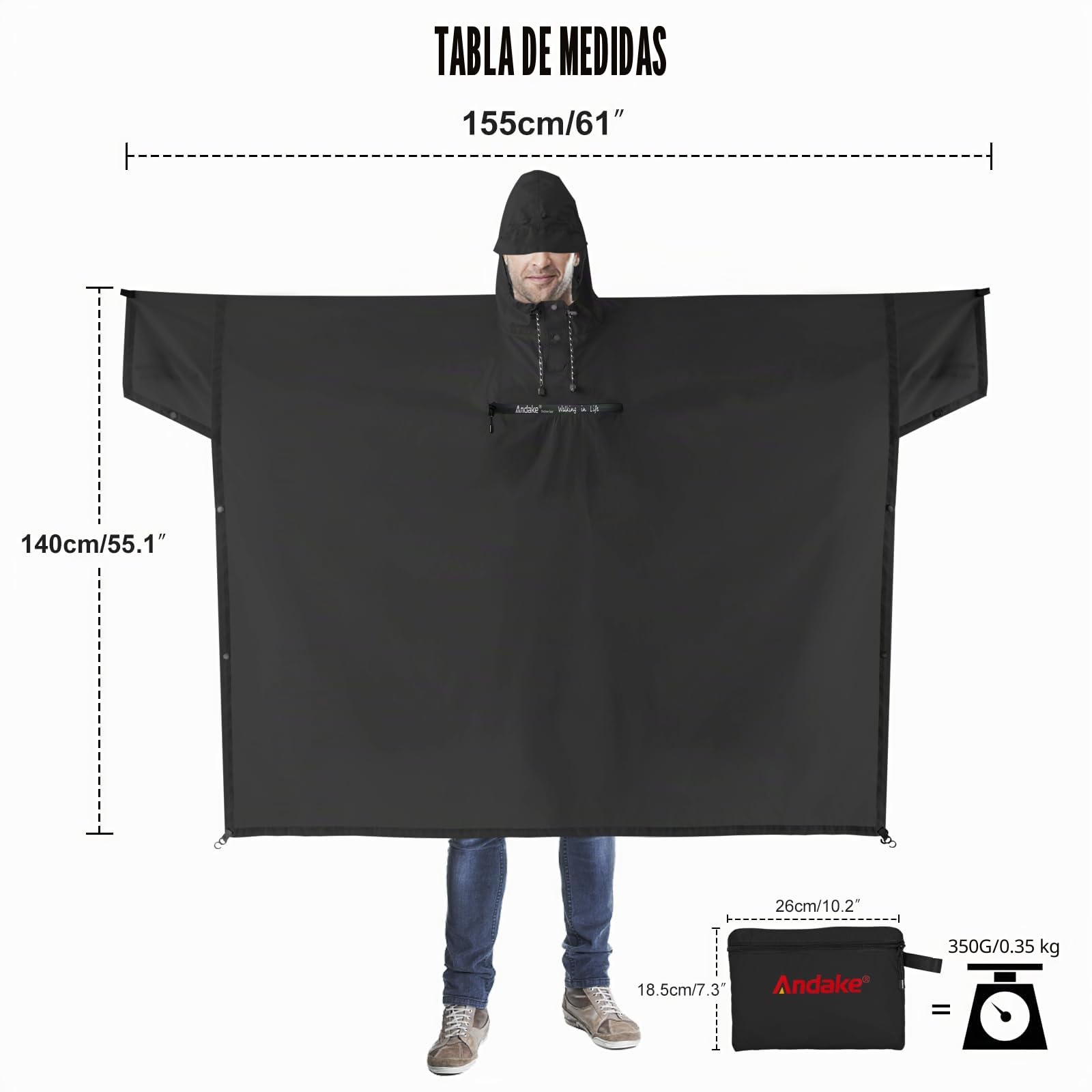 Andake Poncho de Lluvia con Capucha Chubasquero Impermeable Ligero Multifuncional como Toldo Manta Estera de Camping para Senderismo Ciclismo