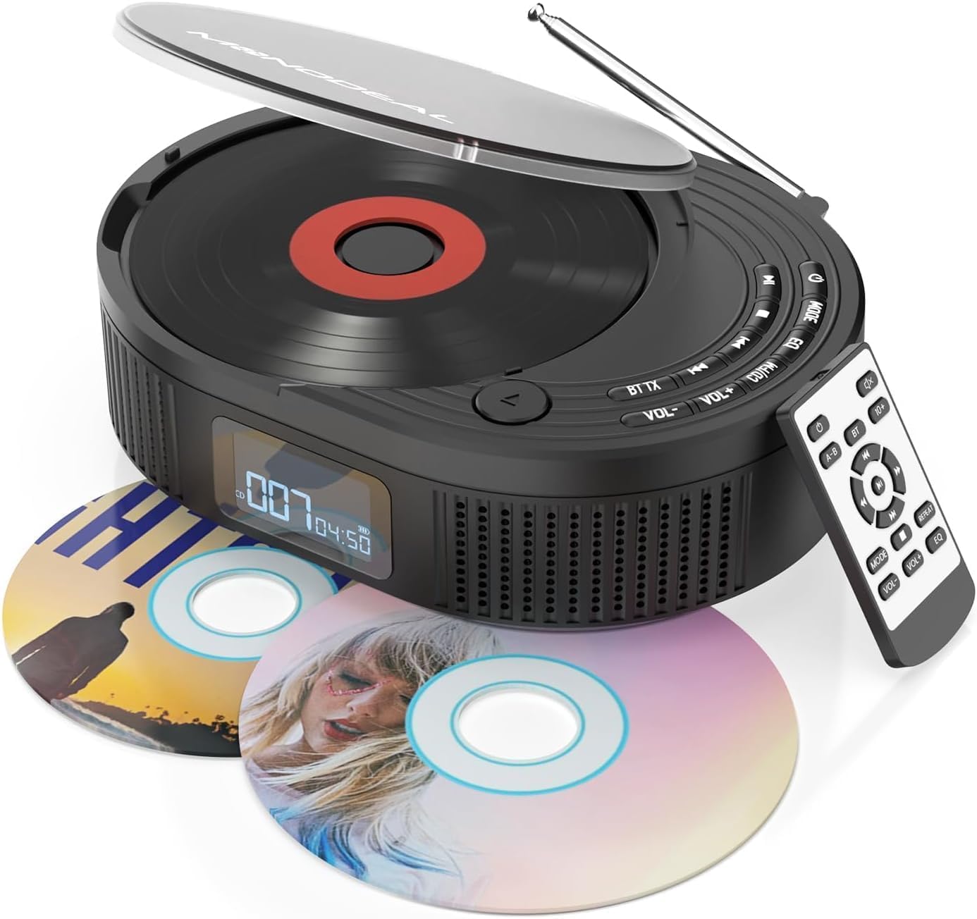 Lecteur CD Monodeal 2 en 1 avec Bluetooth et radio FM, rechargeable, portable, avec haut-parleurs, prise en charge AUX/USB