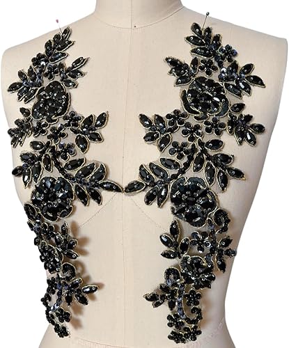 Miniatura 52 de 1 par de accesorios de apliques de encaje con diamantes de imitación, cuentas de vidrio, parches para decoración de vestidos de novia de niña