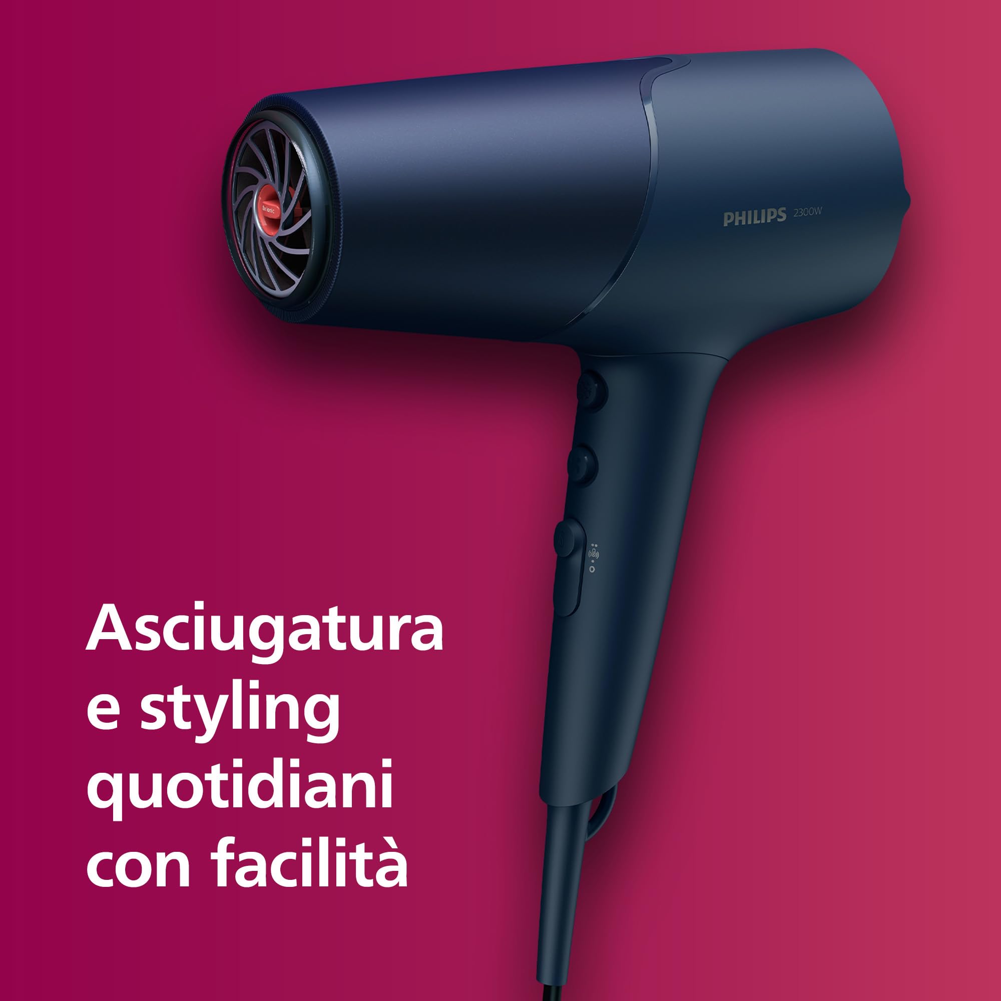 Philips Asciugacapelli Serie 5000, tecnologia ThermoShield, agli ioni, 2300°W, blu metallizzato, con beccuccio per styling da 9°mm e 11°mm, diffusore, BHD510/20