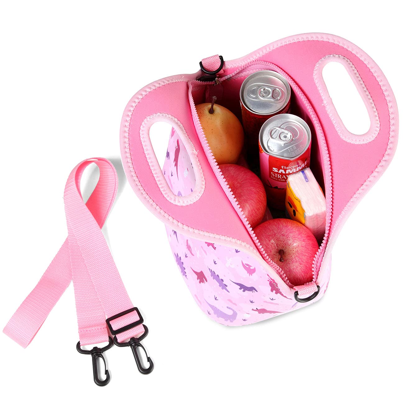 Lonchera para niños, bolsa de almuerzo ligera de neopreno para niños pequeños y niñas a la escuela, guardería, jardín de infantes, dinosaurio rosa 8
