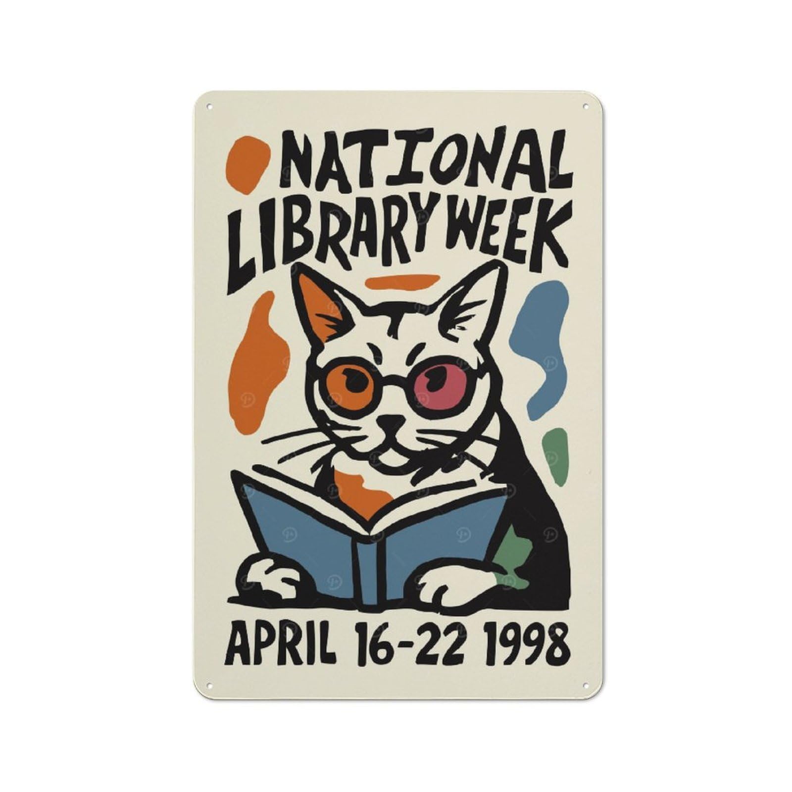Junmoney Style Vintage Metal Sign 30X20cm Featuring National Library Week Cat For Pub Or Café, Wall Decor For People Reorganising Pub And Café