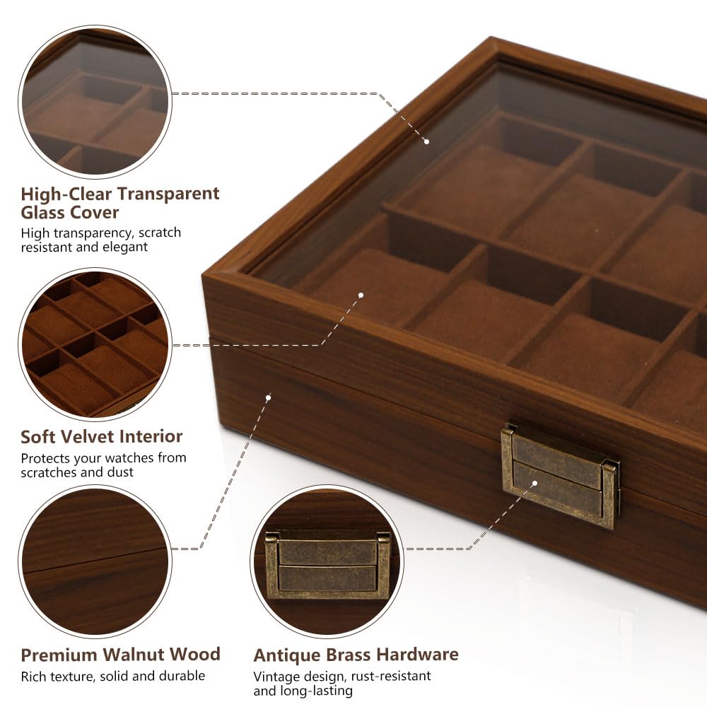 Scatola Porta Orologi a 12 Scomparti In Legno per Uomo, Donna
