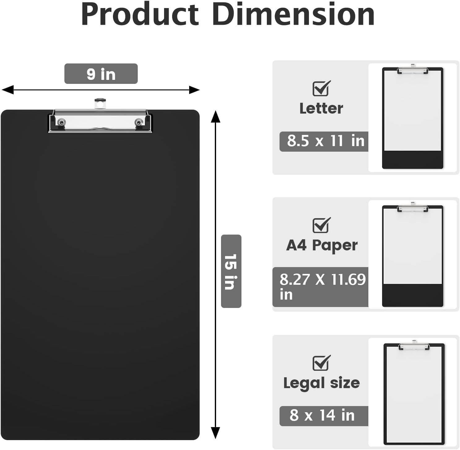 Legal Size Clipboard, Black Plastic 8.5 x 14 Clip Board for Lawers, Heavy Duty Butterfly Clip, 9 x 15 in, Office & School Supply(Pack of 10)