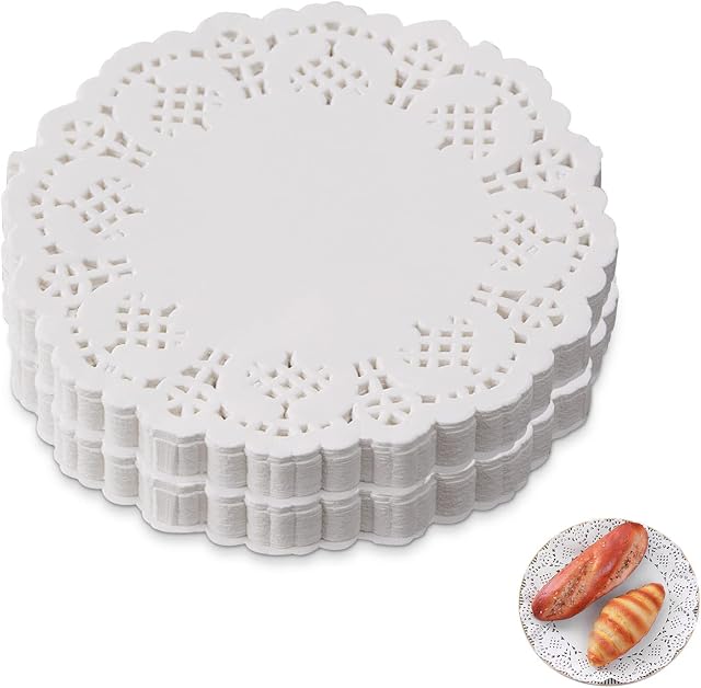 JSUOEO Round Medallion Doilies, 150PCS White Lace Paper White Lace Round Paper Doilies Cake Packaging Pads Lace Doilies Paper for Kitchen cookies Bread cakes White
