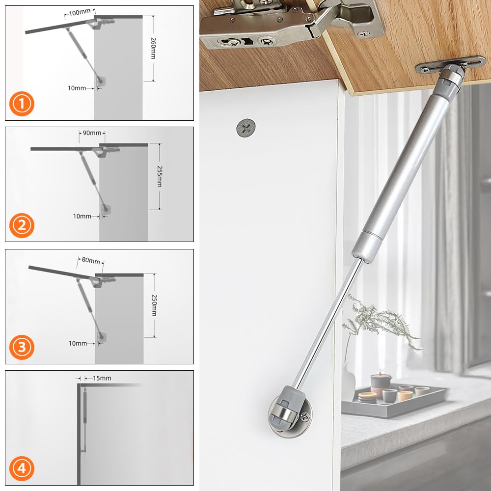 4 Pistoni A Gas Per Ante Cucina 200N - Ammortizzatori Per Mobili, Armadi E Scatole | Nero, Lunghezza 270 Mm