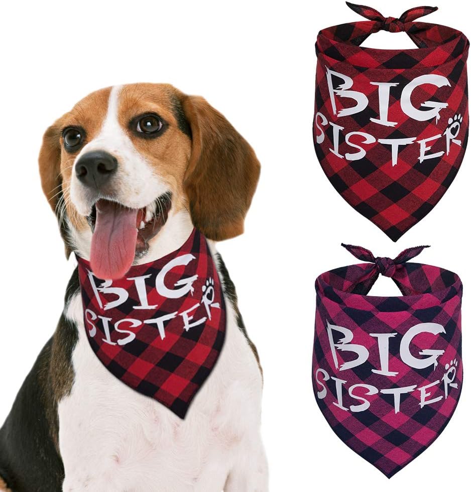 2 Pack Triangle Dog Bandanas, Big Sister Plaid Scarf Set Bibs Accessories for Small Medium Large Dogs