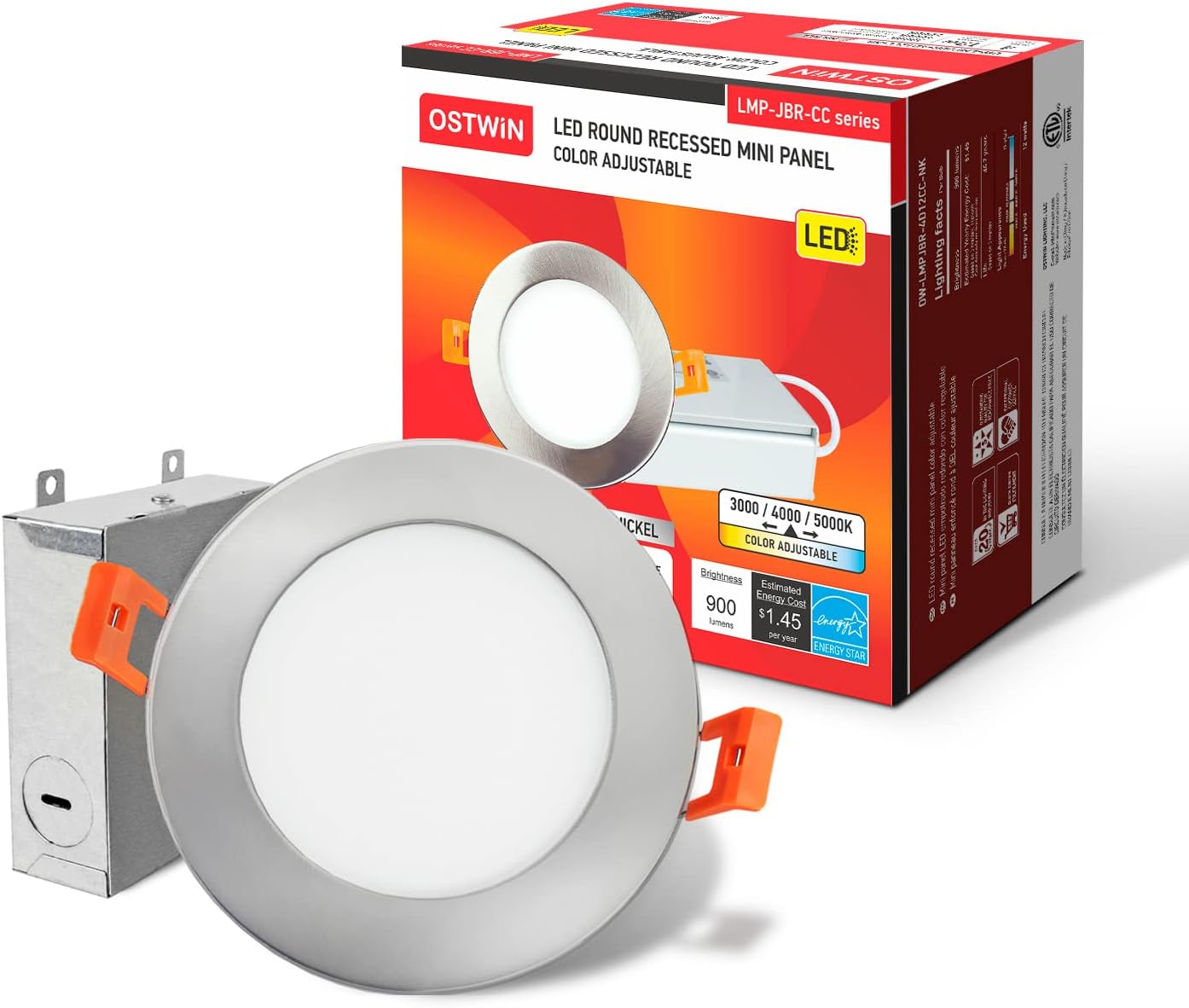 OSTWIN 4 Inch LED Recessed Lighting, 3 CCT 3000K/ 4000K/ 5000K Adjustable, 12W (95W Eq.) 900 Lm, Dimmable, IC Rated, Ultrathin Canless Downlight with J-Box, Nickel Finish, Energy Star, ETL