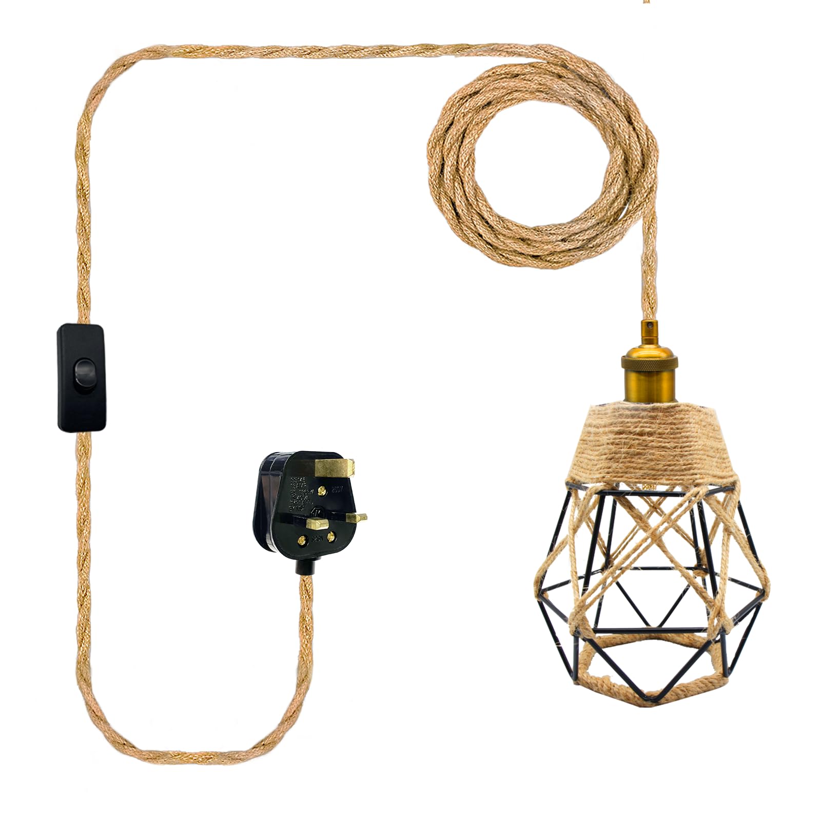 LAKONEI 510cm Plug in Hemp Rope Light Fixture, Diamond Wire Cage Shade with Antique Bronze E27 Lamp Holder & Switch, Industrial Vintage Hanging Lamp for DIY Ceiling Lighting