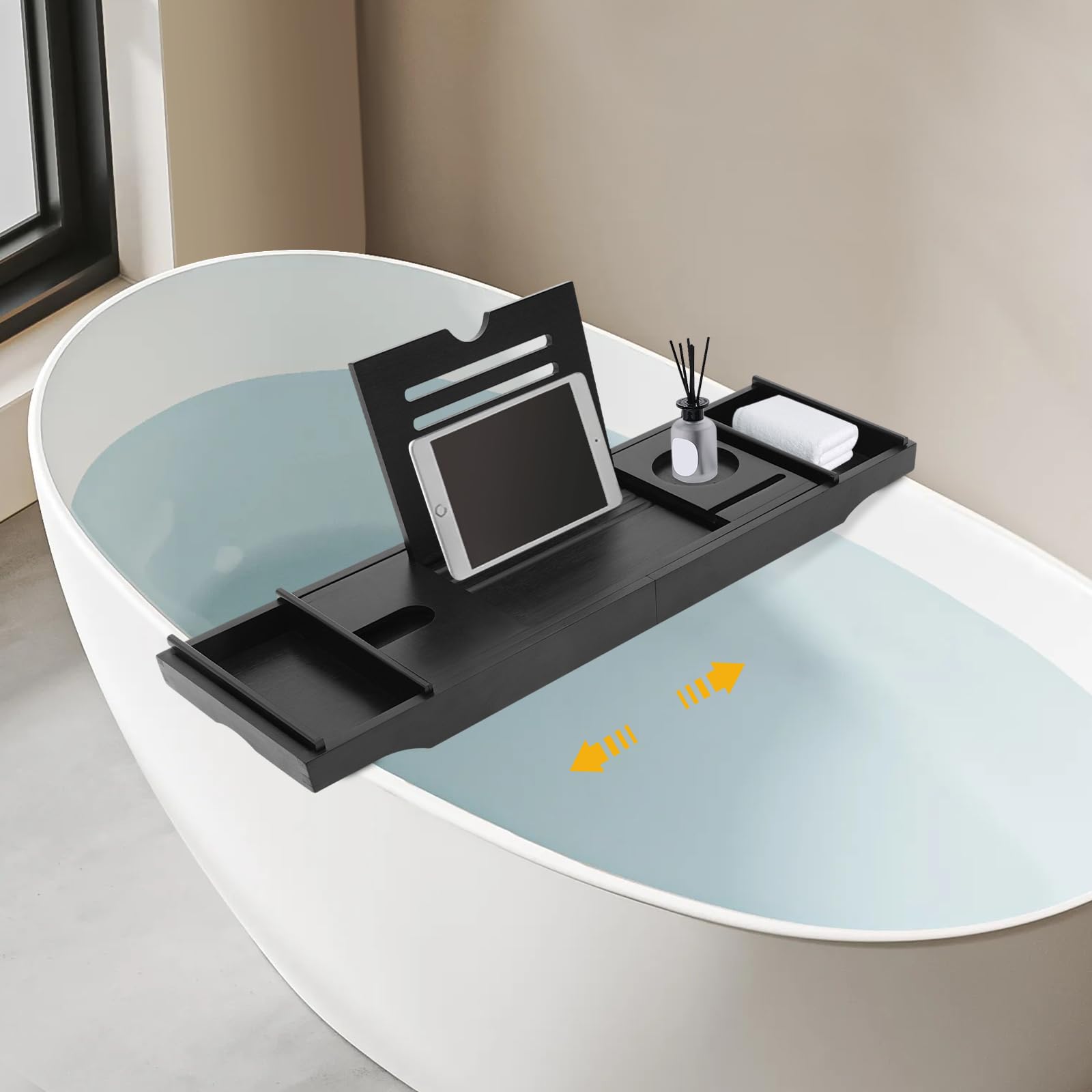 Bandeja de baño de bambú expandible con ranuras de almacenamiento ajustable de 79 a 111 cm, accesorios de baño elegantes, se adapta a la mayoría de las bañeras, color negro, perfecto para una