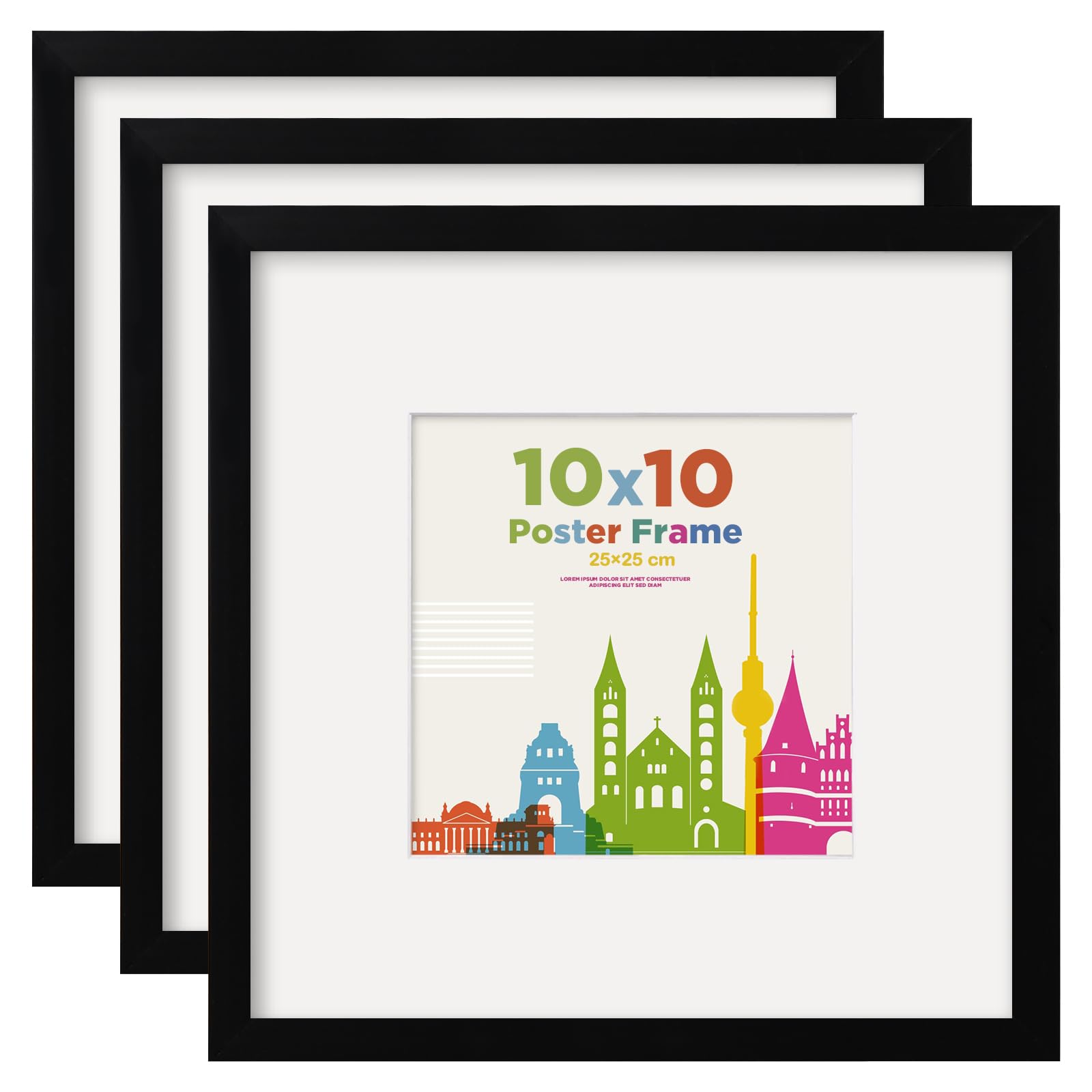 EGOFINE 10X10 Picture Frames, 10X10 Frame Display 6X6 with Mat Covered by Plexiglass, for Wall Mounting, Black, 3Pcs