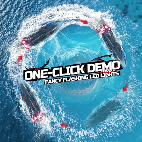 DEERC Ferngesteuerte Boote Bürstenlos RC Haiboot, 48+KM/H 3S Hochgeschwindigkeits, Selbstaufrichtendes 2.4Ghz mit LED Lichtern, Sommer Spielzeug Geschenk für Kinder, Erwachsene