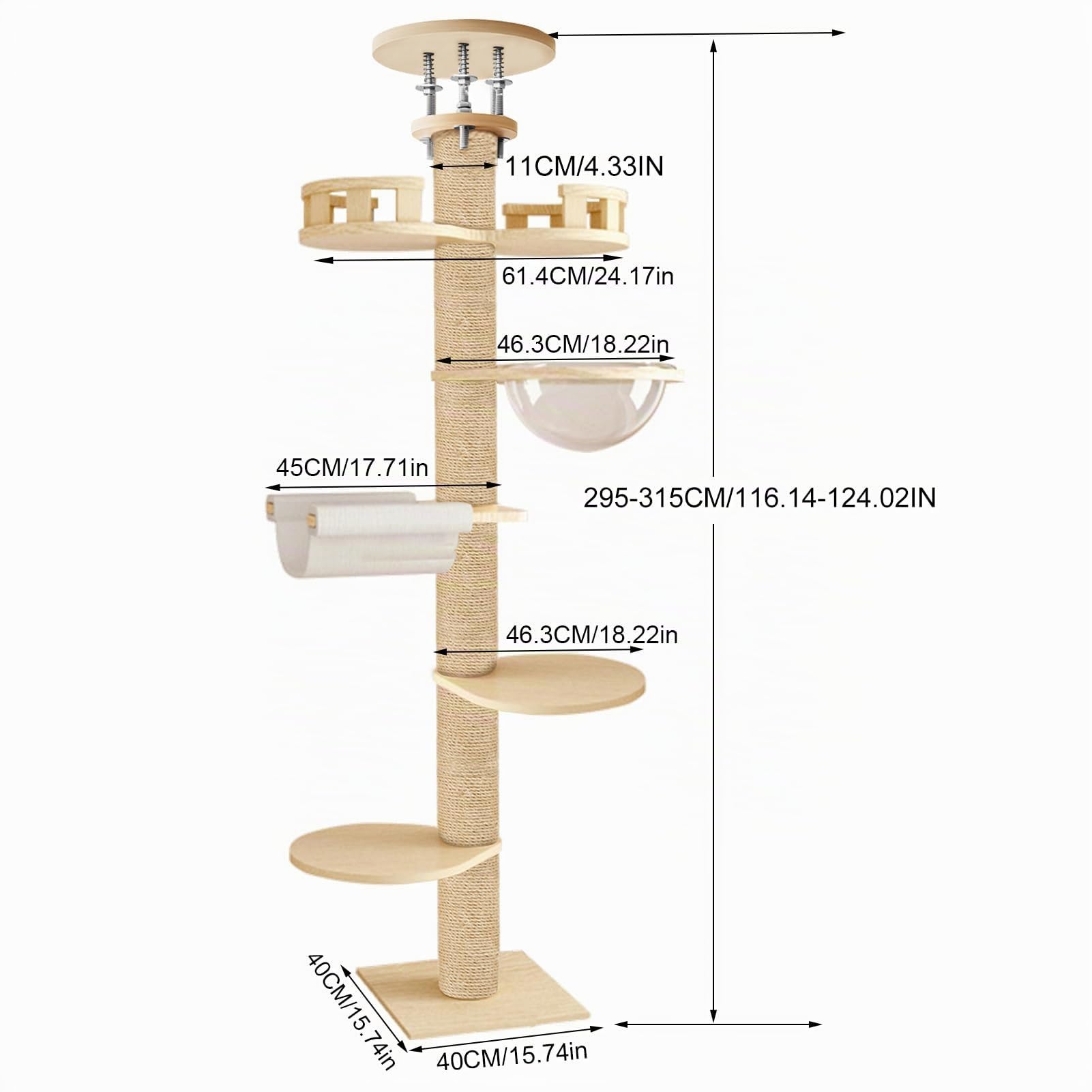 Arbre à Chat Plafond Réglable 300 cm – Grand Arbre à Chat avec Hamac, Niche et Plateformes pour Chats d’Intérieur et Maine Coon