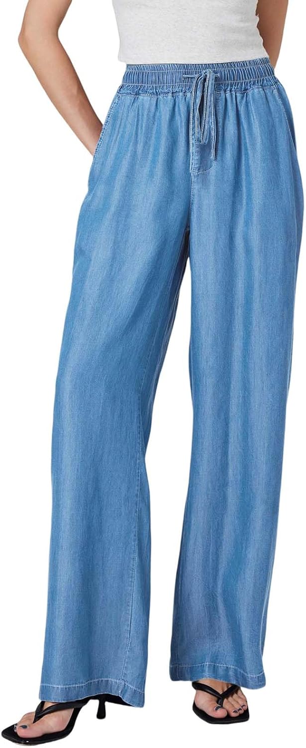 Women's High-Rise Wide-Leg Pull-On Jeans, Elastic Waist, Loose Fit Soft Denim