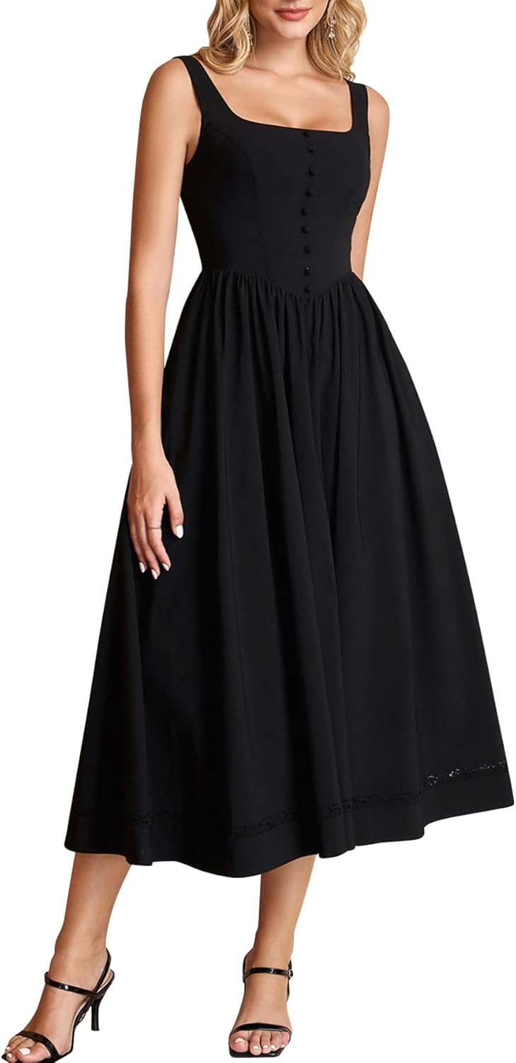 HTZMO Women Summer Wedding Guest Formal Midi Dresses 2026 Lace A Line Flowy Casual Boho Vacation Party Sundress Pockets