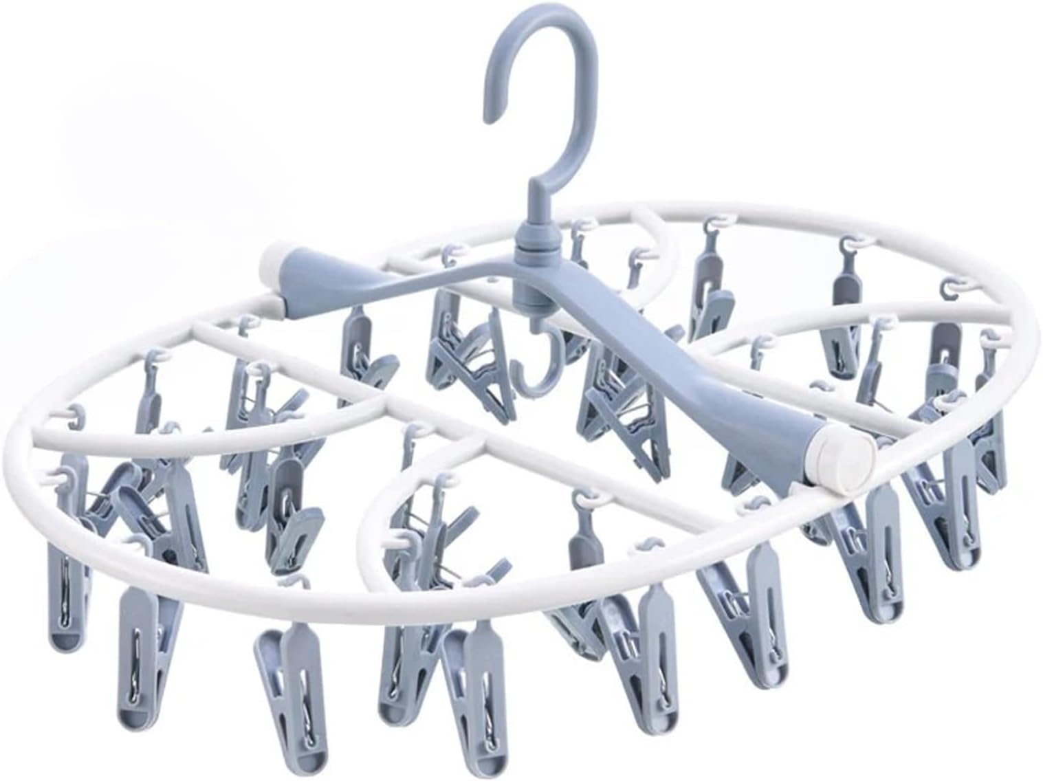 Foldable Clip Hangers,Hanger with 32 Drying Clips,Plastic Laundry Clip,Round Clothes Hanger Organizer, 360° Rotatable Drying Rack for Socks, Lingerie, Towels and Other Small Objects