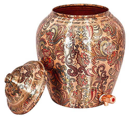 Image of Indian Art Villa Printed Design Copper Water Dispenser Pot Matka, Stoarage, Home Garden, 10 LTR, Light Peach