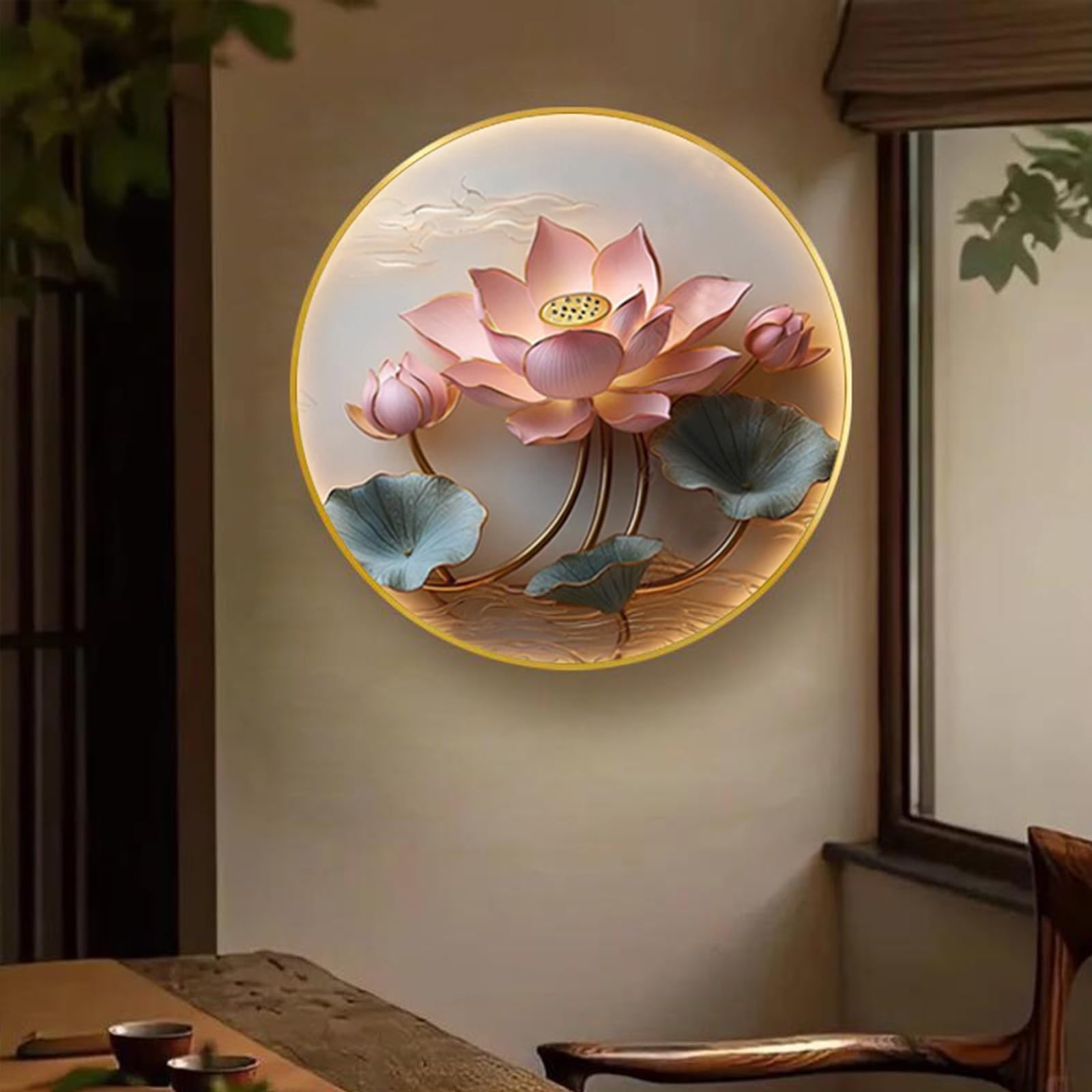 DAJIAYIQI 3D-Lotus-Skulptur LED-Wanddekoration, chinesisches Wandbild, USB, Fernbedienung, 40cm