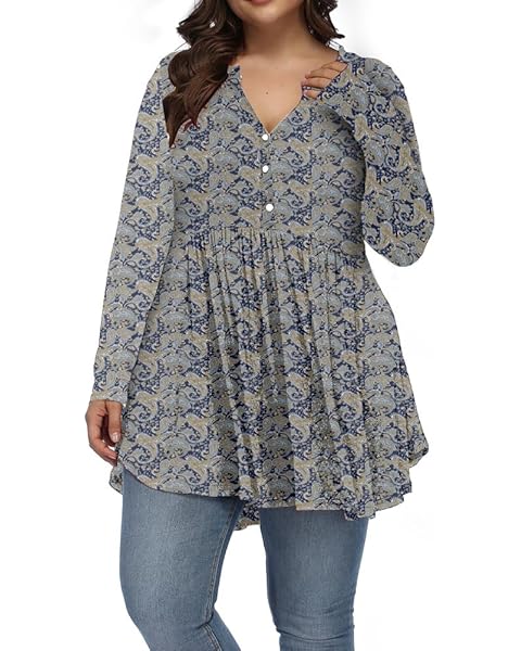Plus Size Tops for Women Curvy Fall Long Sleeve Dressy Tops Button V Neck Henley Sh...