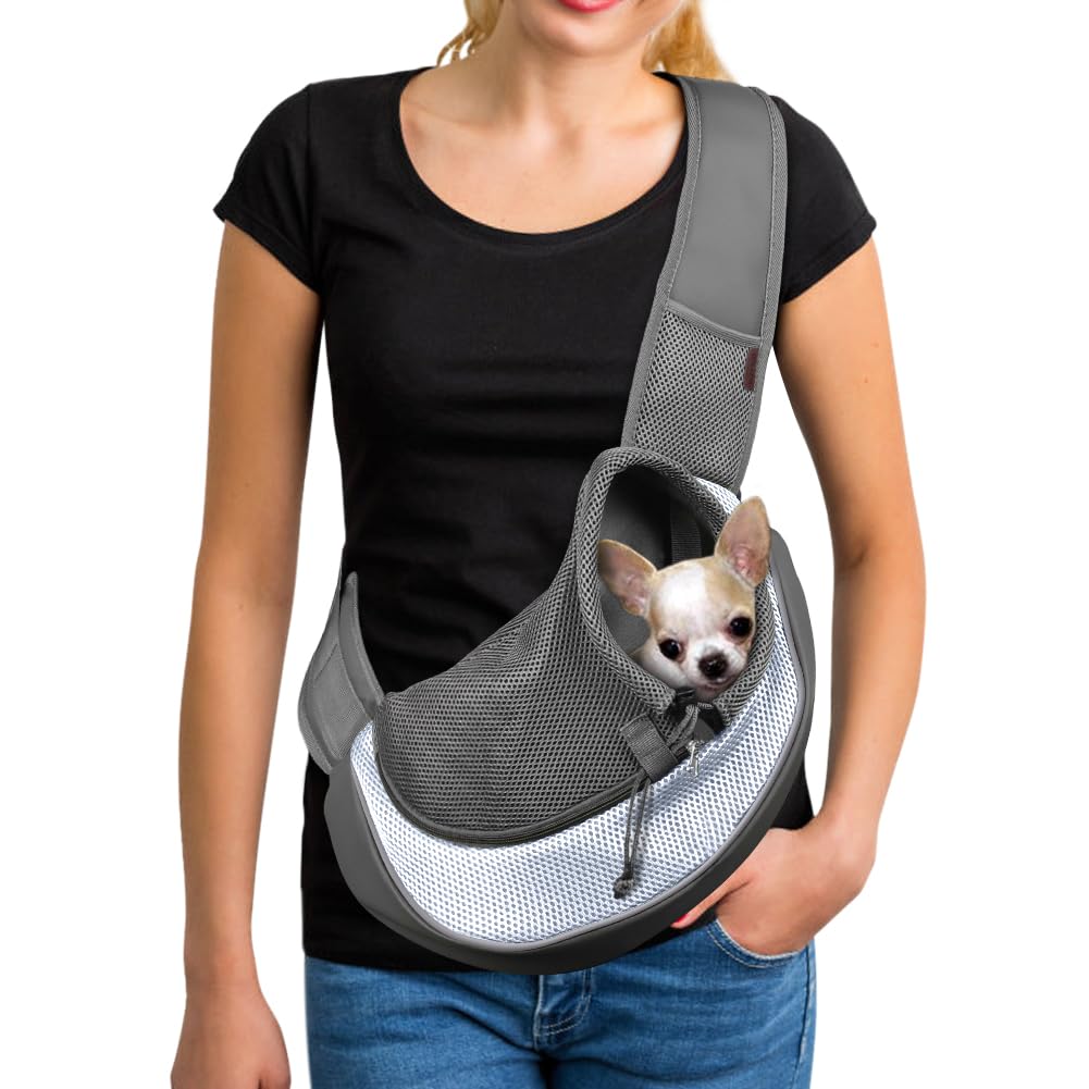 YUDODO Pet Sling Carrier for 2-5 lbs Small Dogs & Cats โ Hands-Free Puppy Carrier with Safety Hook, Large Zipper Pocket, Soft Breathable Mesh, Adjustable Strap & Reflective Strip (Gray 1.0 S)