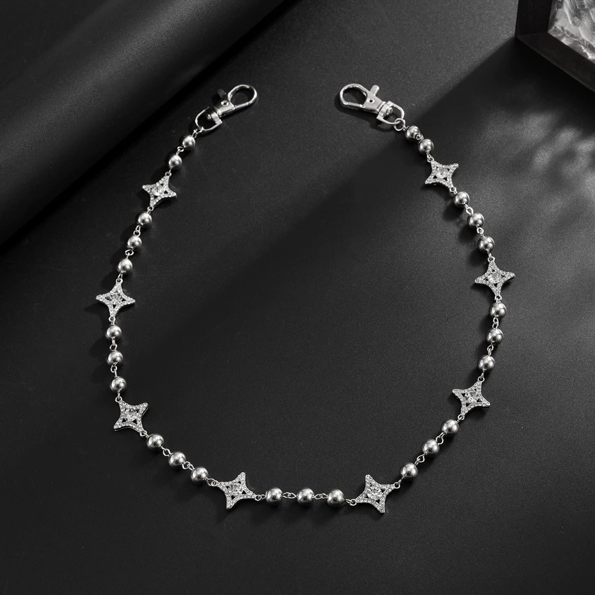 QWALIT Silver Pocket Chain Pants Y2K Star Bead Jean Wallet Chain Men Women Single-Layer Rhinestone 2K Punk Hip Jewelry Jeans Skirts Bag Chain Party Festival K-pop Concert Accessory