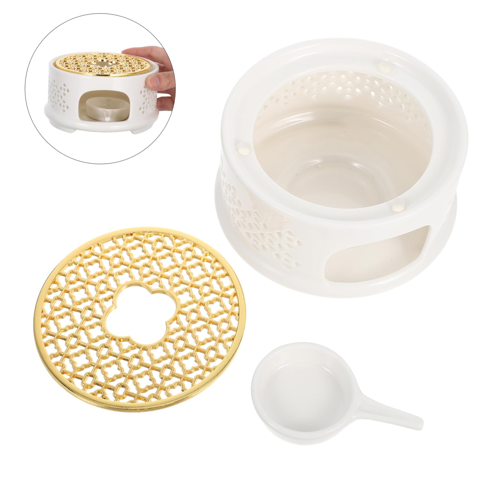 ABOOFAN Keramik Teekannenwärmer mit Löffel Deckel und Kerzenhalter Stabiles Stövchen mit Edelstahlsieb Geeignet für Glas Teekannen zum Erwärmen von Tee Kaffee und Milch Tisch