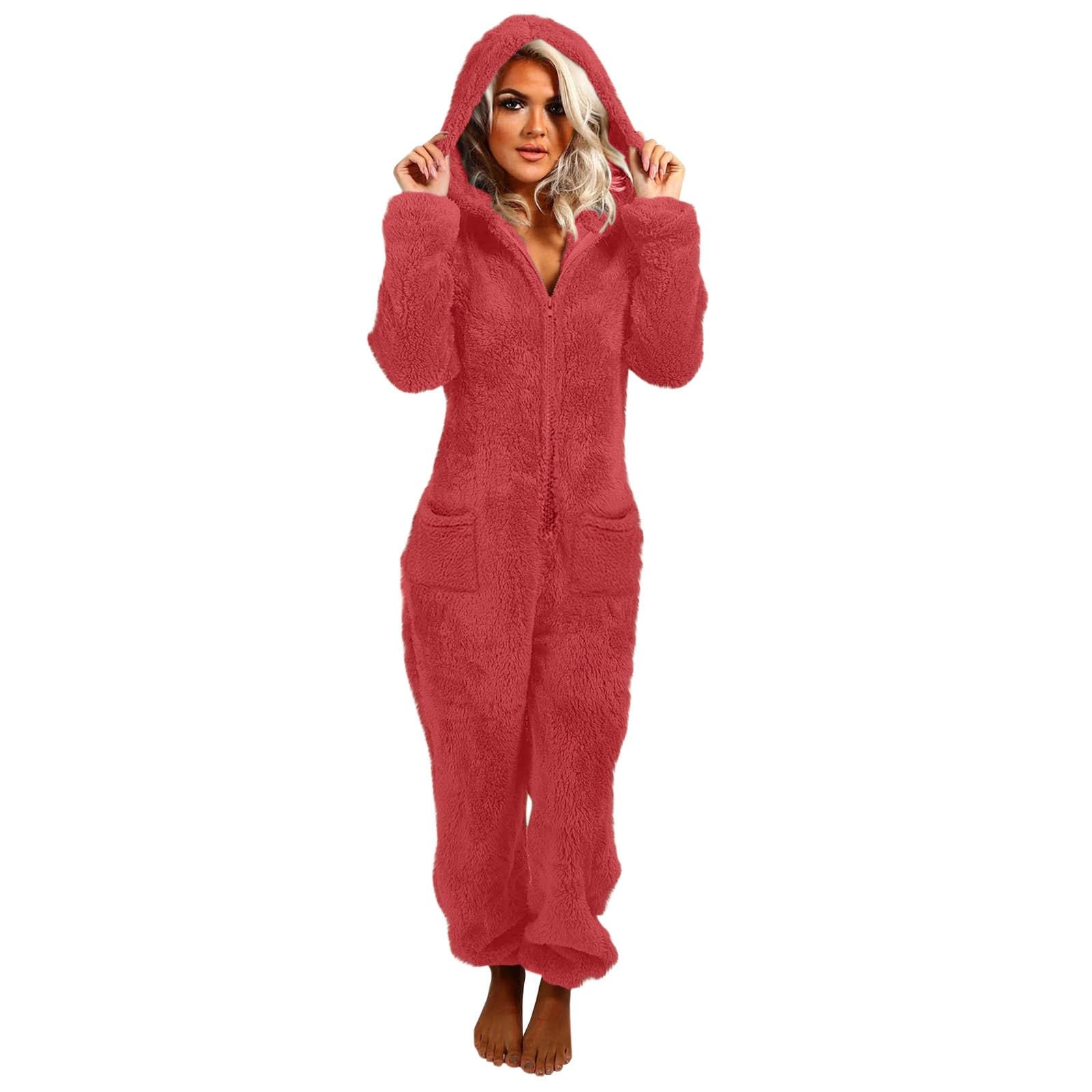 Mono esponjoso para mujer, pijama de forro polar con capucha y bolsillos
