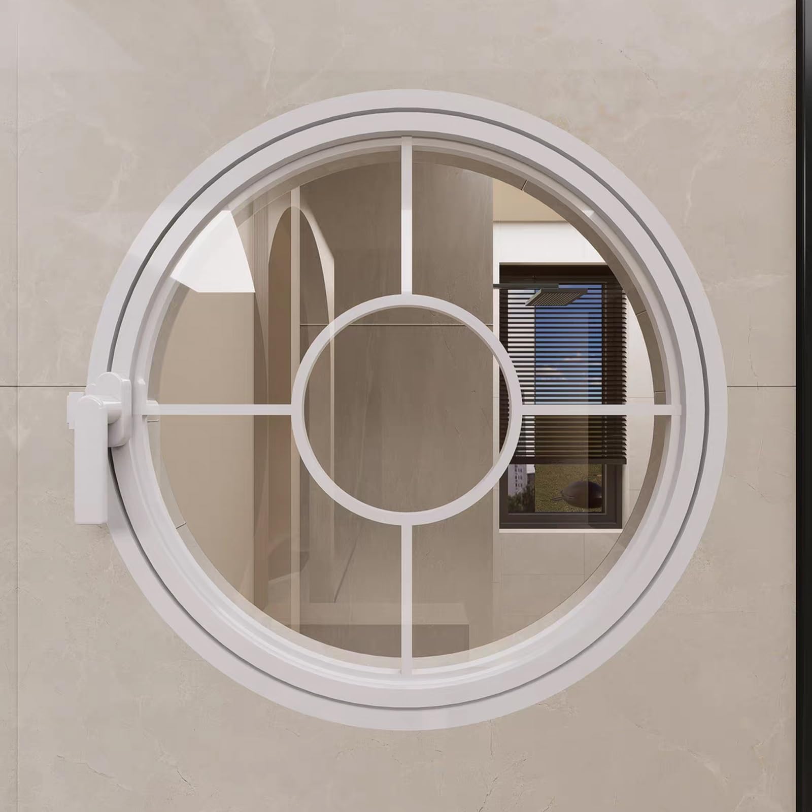 Ventana redonda para eliminar humedad en baño con marco de aluminio y manija