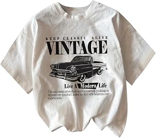 RoseSeek Women's Vintage Car Print Graphic Tee - Crew Neck Drop Shoulder Short Sleeve Trendy Summer T-Shirt