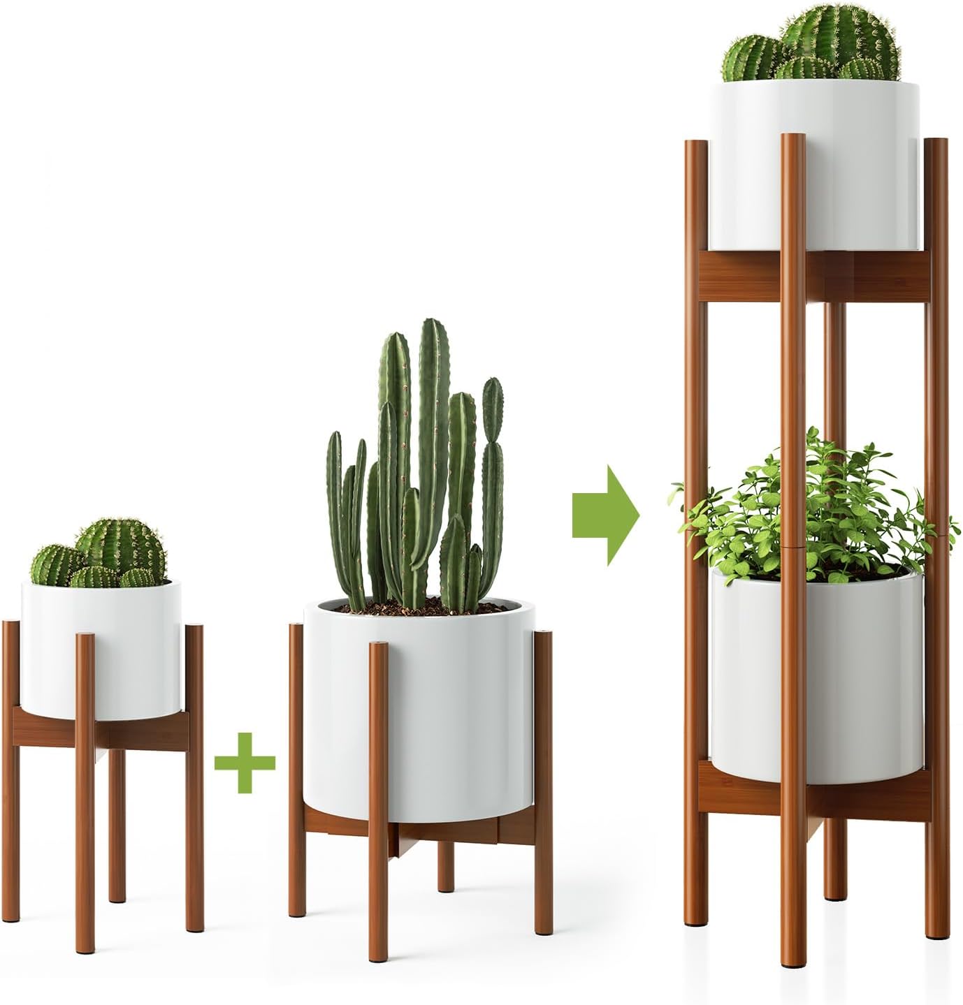MUDEELA 2 Pack Indoor Plant Stands, 2 Tier Tall Plant Stand 30 inches, Mid Century Bamboo Plant Stand, Adjustable Width 8 - 12 inches, Fits Pot Size of 8 9 10 11 12 inches, Pot & Plant Not Included, Brown