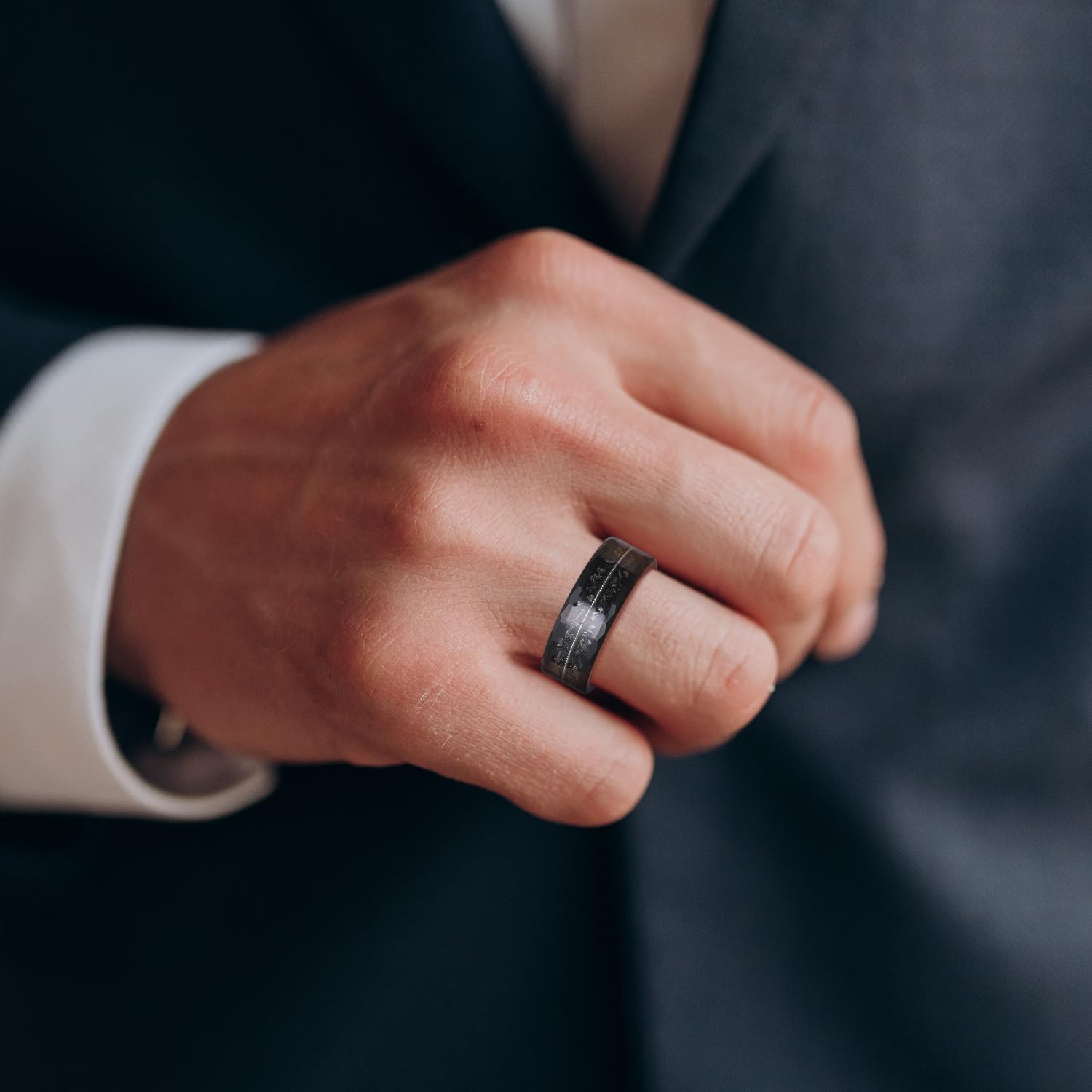 King Will 8mm Mens Silver/Black Tungsten Carbide Ring for Men Nature Koa Wood Inlay/Galaxy Opal Inlay Wedding Bands Hammered Multi-Faceted Wedding Band - Image 4