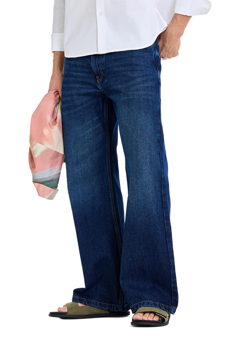 snitch Men Flared Fit Jeans | Mid Rise Stone-Washed Denim with Raw Frayed Hem & 5-Pocket Design | 100% Cotton Woven Fabric for Casual & Everyday Wear-picture-10