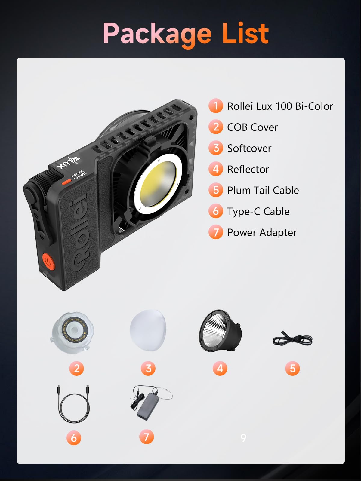 Faretto Fotografia, Rollei LUX 100W Luce Video Professionale Portatile 345 g DC/Tipo C con APP Candela per Registrare Video Intervista Live Streaming, Faretto-LED-Luce-Fotografia-Video