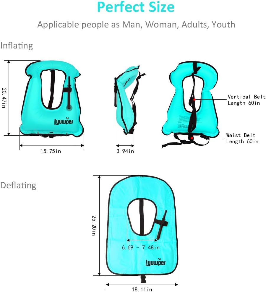 Inflatable Snorkel Vest Adult Snorkeling Jackets Free Diving Swimming Safety Load Up to 220 Ibs