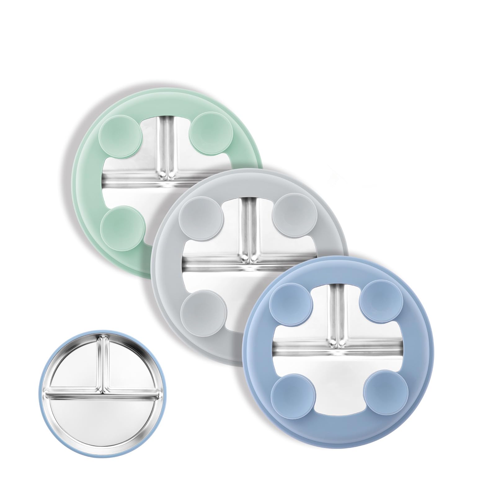 Photo 1 of Bakpoco 8" Stainless Steel Toddler Plates with Suction, Divided Plates with Removable Silicone Sleeves for Baby, Non Toxic & BPA Free |Unbreakable |Dishwasher Safe Dinnerware Set of 3, Blue Gray Sage