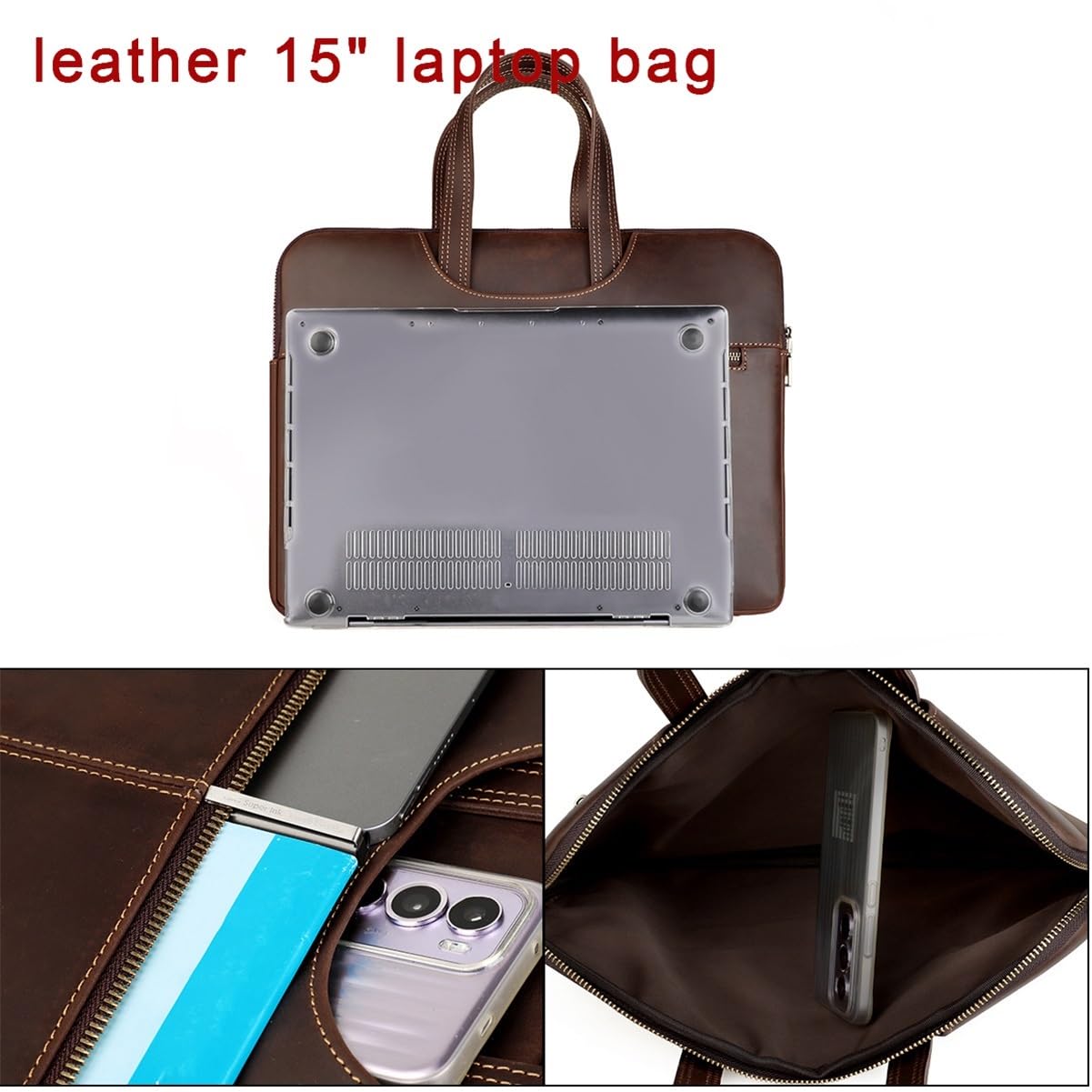 Bolso portátil cuero hombre, maletín delgado 14 pulgadas, bolsa documentos