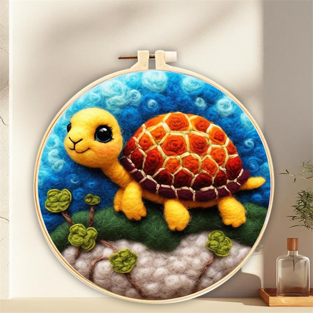 Meecaa DIY Needle Felting Kit for Beginners,Turtle Animal Including Wool Felt Supplies, Embroidery Hoops,Beautiful Wool Painting and Needle Felting Tools (Turtle)