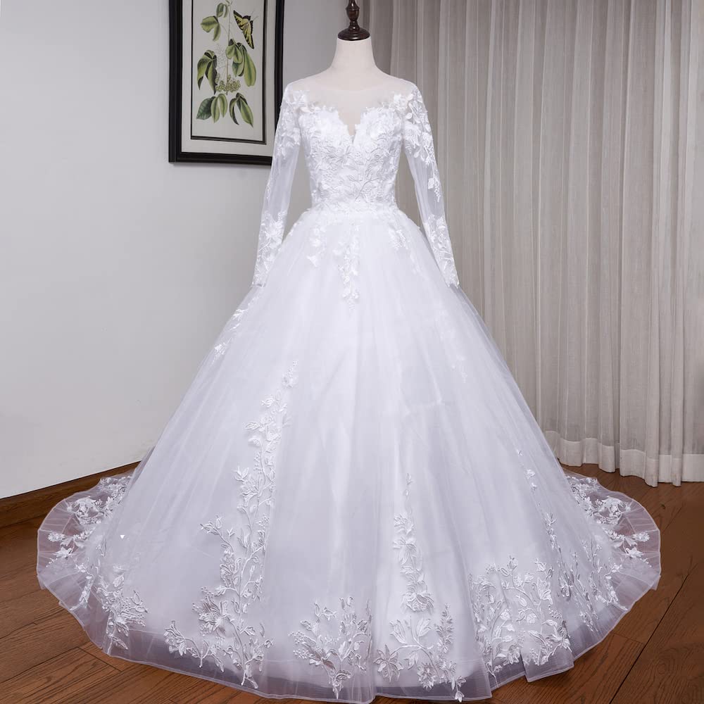 Vestidos de Novia Princesa Cuello V Manga Larga Encaje Vestidos de Boda Tren Largo BA-VL-0627