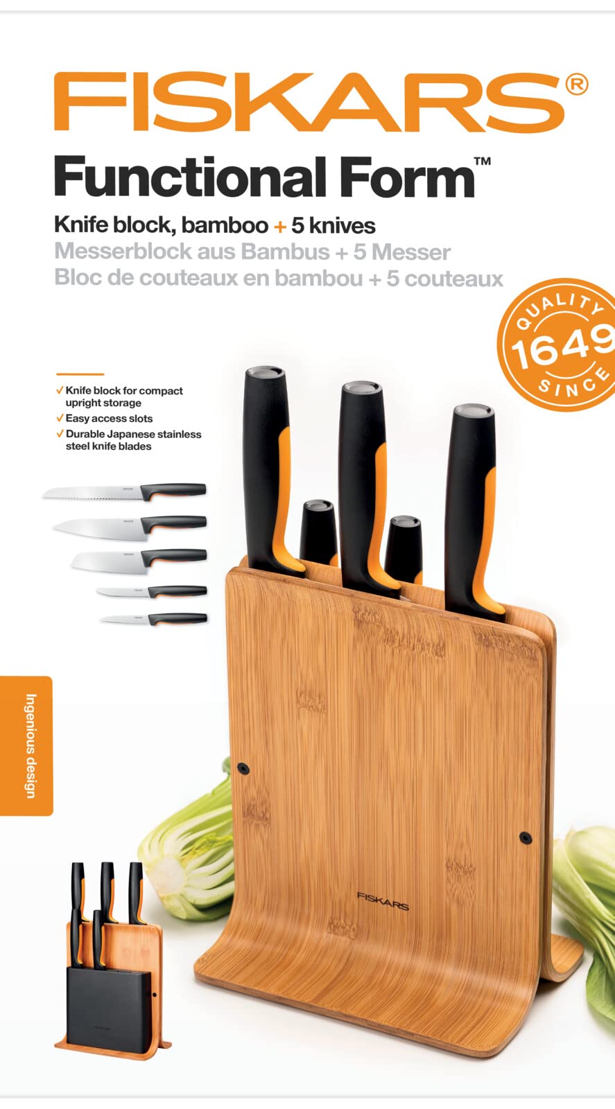 Fiskars Bloque de bambú con 5 cuchillos, Functional Form, Incluye Cuchillo para verduras, Cuchillo de tomate, Cuchillo de chef Santoku, Cuchillo de cocina y Cuchillo de pan, Bambú/Plástico, 1057552