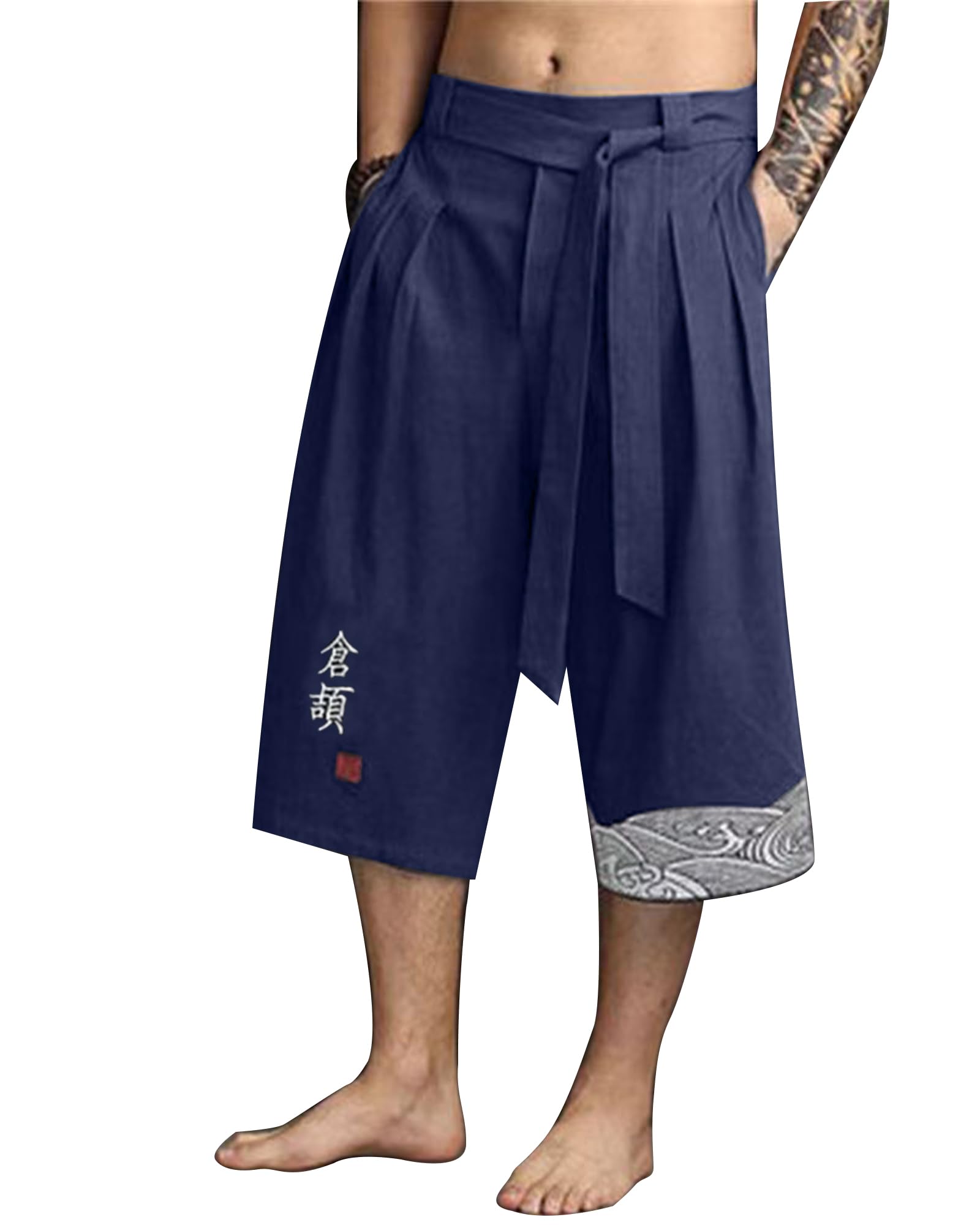 YAOBAOLE Pantalon Japonais Homme Pantalon Court Taro pour Hommes en Lin Vêtements Traditionnels Japonais avec Cordon de Serrage