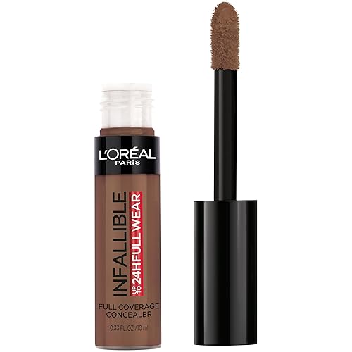 L'Oreal Paris Makeup Infalible Full Wear Corrector mate impermeable, cobertura completa, tono de piel oscuro (Coffee), 0.33 fl oz