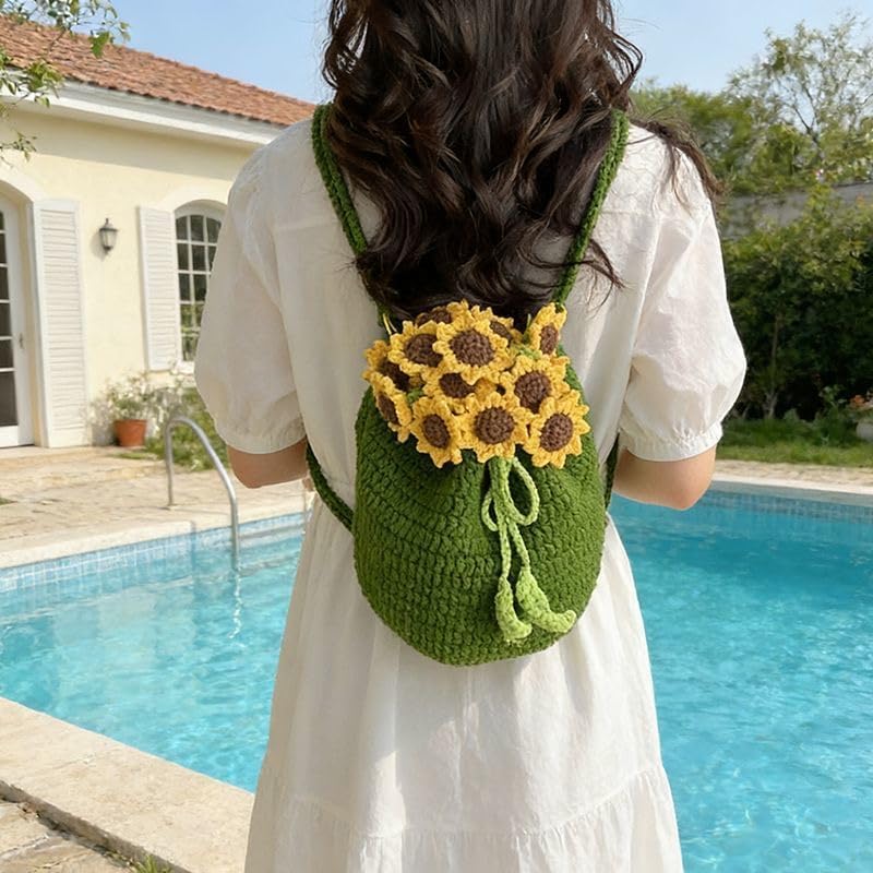 Handmade Crochet Sunflower Backpack Summer Vacation Shoulder Bag Lightweight Casual Daypack for Travel, Beach, Hiking (D)