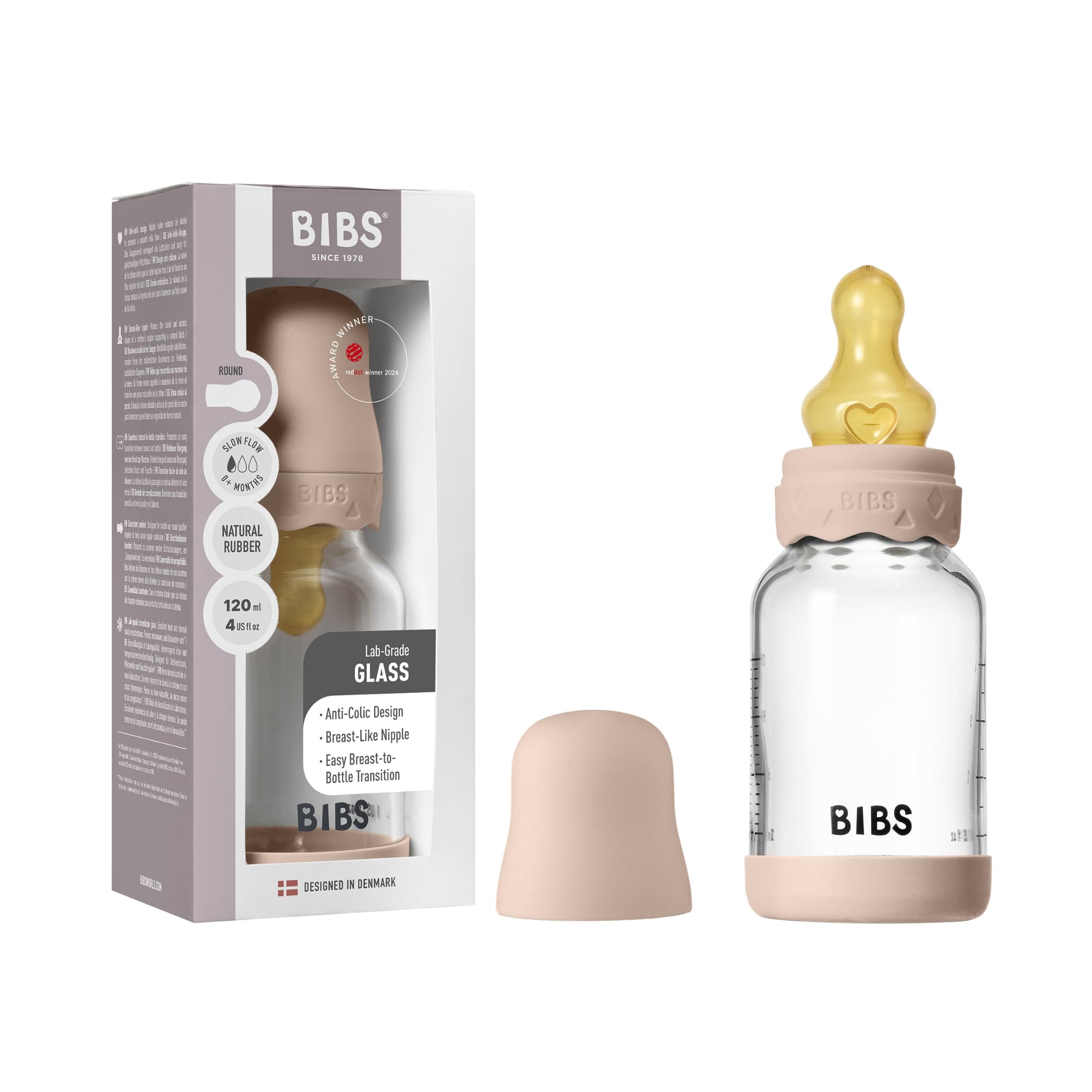 BIBS Boheme Baby Glass Bottle 120ml, Vermindert Koliken, Runder Sauger aus Naturkautschuklatex, Unterstützt das Stillen. Hergestellt in Dänemark - Blush