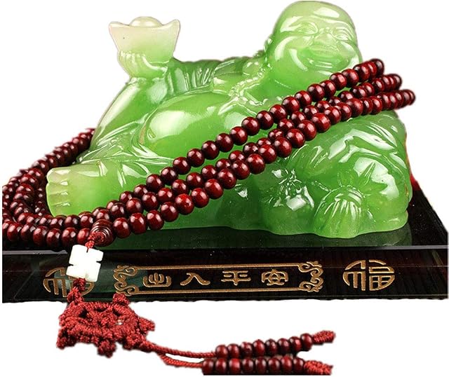Prime Feng Shui Resin Laughing Buddha Hold Ingot Statue with Crystal Base and Long Bead Ornaments Bless Safety and Wealth Car Home Office Decoration(Green,L)
