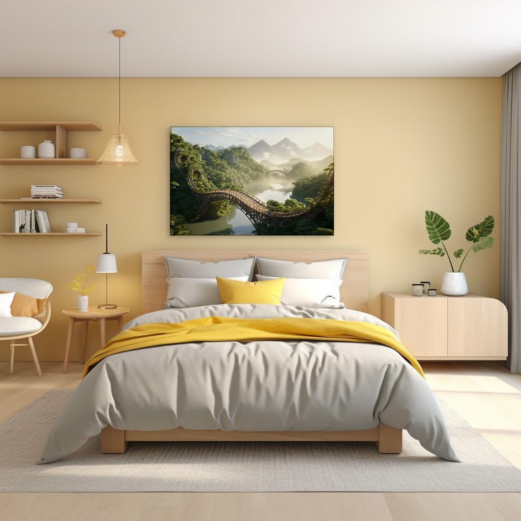 Canvas for Living room. Mystical Bridges of Imagination: Journey Through the Serenity of a Fantasy Landscape, 27 x 18 inch Canvas Wall Art - Contemporary Masterpieces - Modern Home Decor